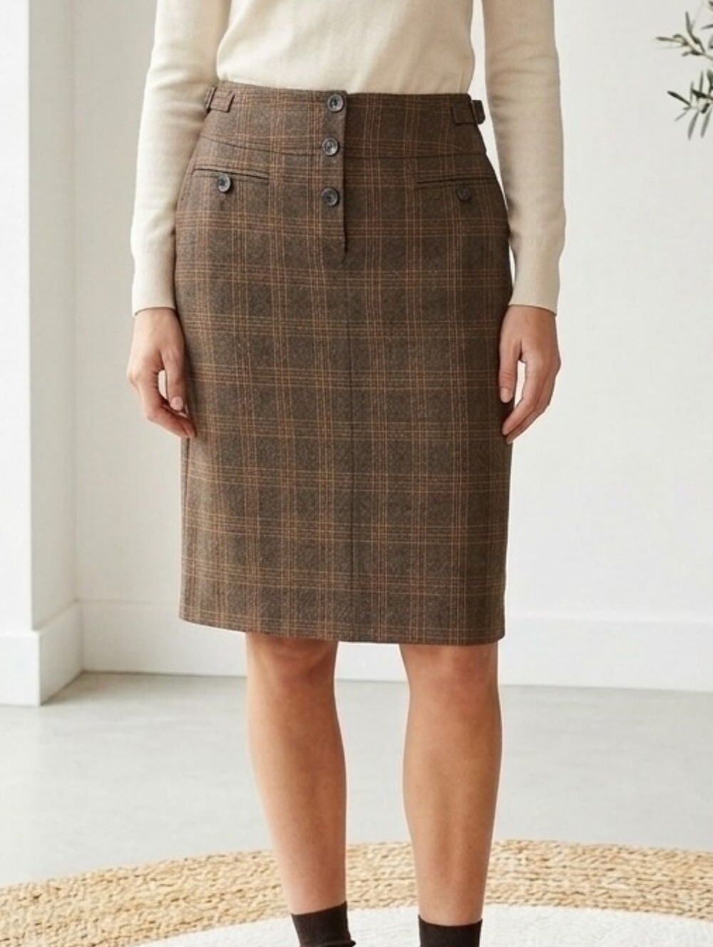 Tristan & Iseut Vintage Brown Plaid Pencil Skirt Dark Academia Preppy Classic 8